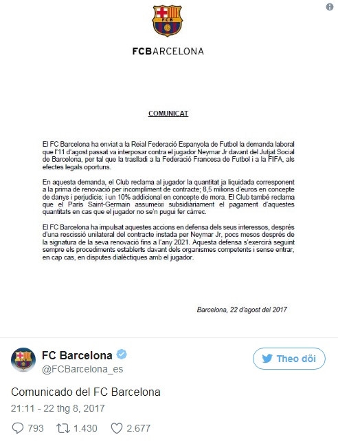 Barca khởi kiện, đòi Neymar 8,5 triệu euro