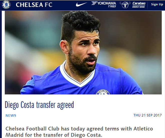 Trang chủ Chelsea thông báo vụ Costa